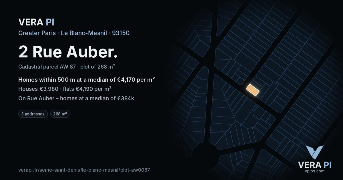 2 Rue Auber, Le Blanc-Mesnil at night – the plot lit, the parcels around coloured by the prices near them