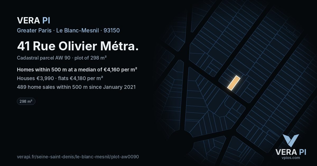 41 Rue Olivier Métra, Le Blanc-Mesnil at night – the plot lit, the parcels around coloured by the prices near them