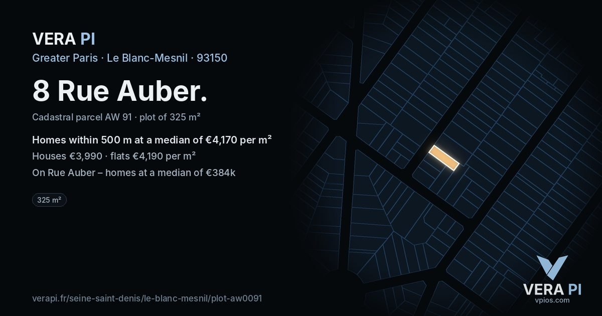 8 Rue Auber, Le Blanc-Mesnil at night – the plot lit, the parcels around coloured by the prices near them
