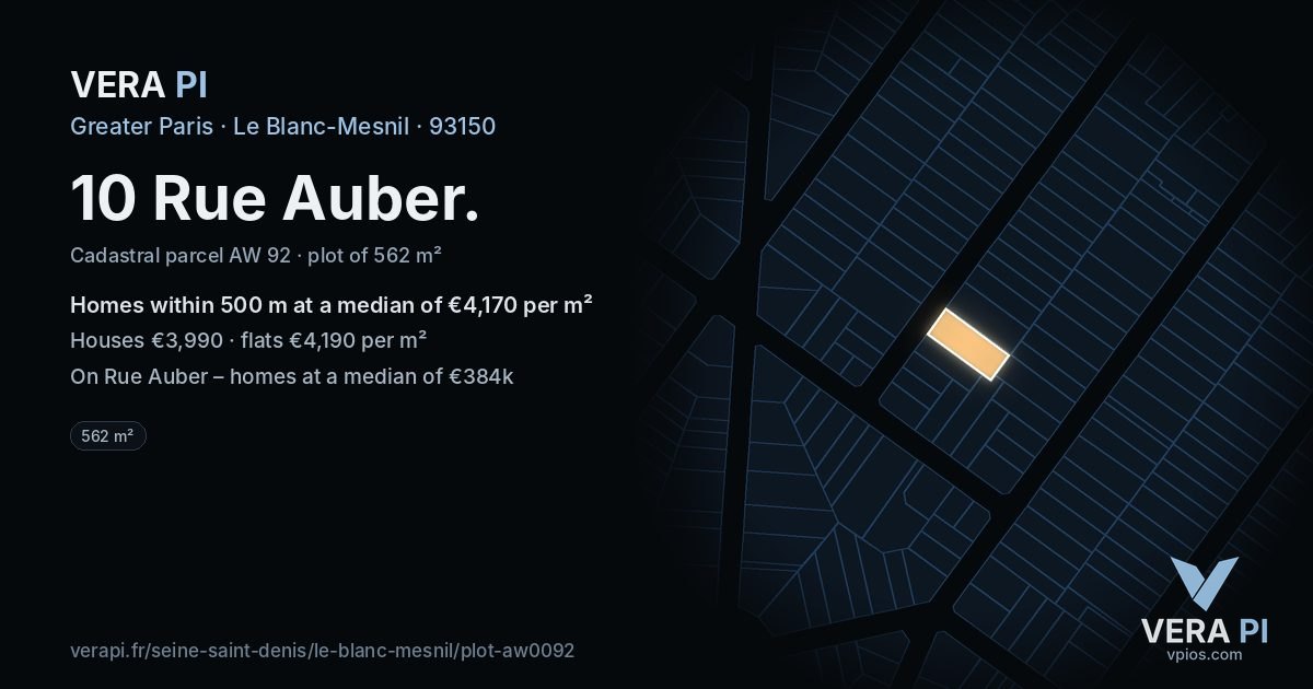 10 Rue Auber, Le Blanc-Mesnil at night – the plot lit, the parcels around coloured by the prices near them