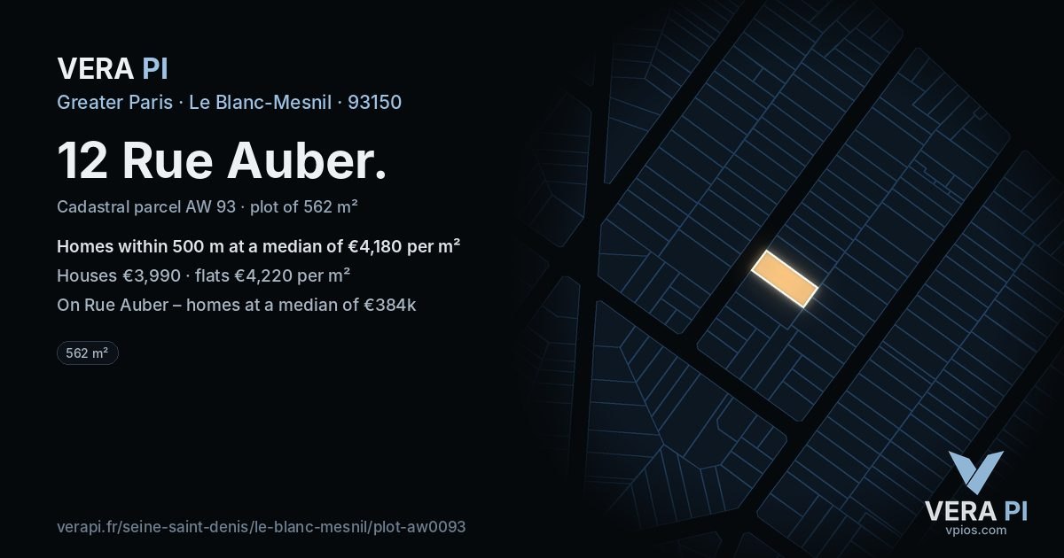 12 Rue Auber, Le Blanc-Mesnil at night – the plot lit, the parcels around coloured by the prices near them