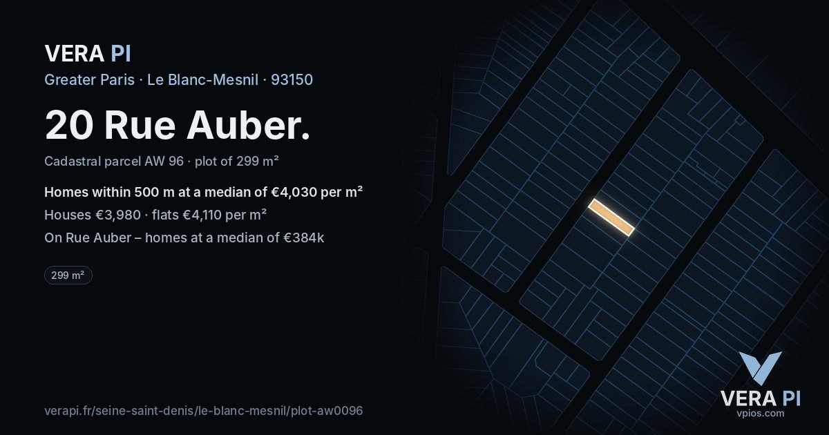 20 Rue Auber, Le Blanc-Mesnil at night – the plot lit, the parcels around coloured by the prices near them