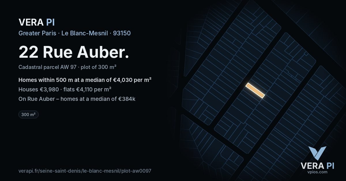 22 Rue Auber, Le Blanc-Mesnil at night – the plot lit, the parcels around coloured by the prices near them