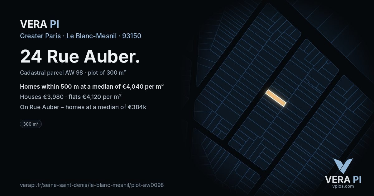 24 Rue Auber, Le Blanc-Mesnil at night – the plot lit, the parcels around coloured by the prices near them
