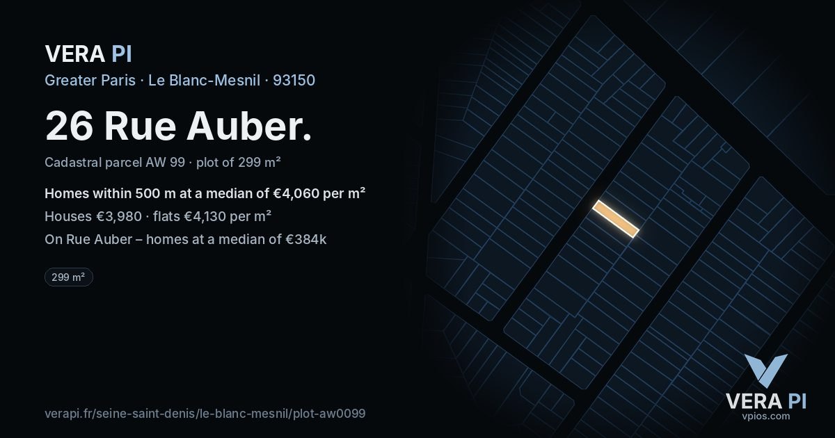 26 Rue Auber, Le Blanc-Mesnil at night – the plot lit, the parcels around coloured by the prices near them