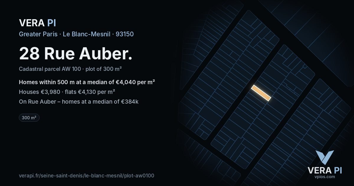 28 Rue Auber, Le Blanc-Mesnil at night – the plot lit, the parcels around coloured by the prices near them