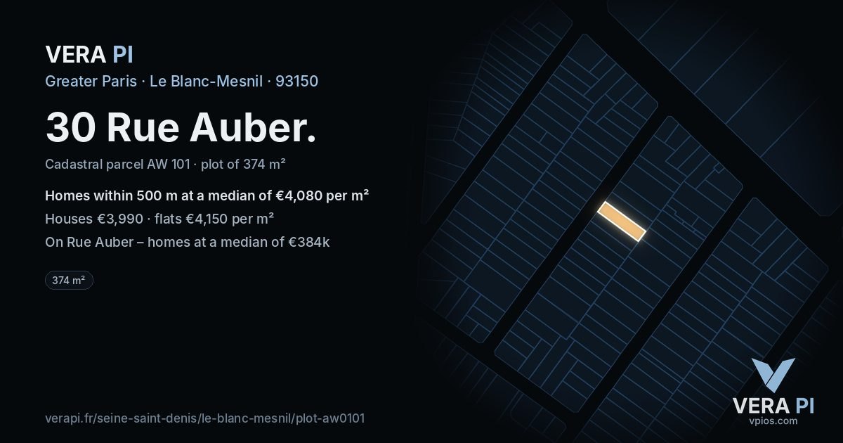 30 Rue Auber, Le Blanc-Mesnil at night – the plot lit, the parcels around coloured by the prices near them