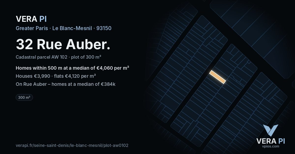 32 Rue Auber, Le Blanc-Mesnil at night – the plot lit, the parcels around coloured by the prices near them