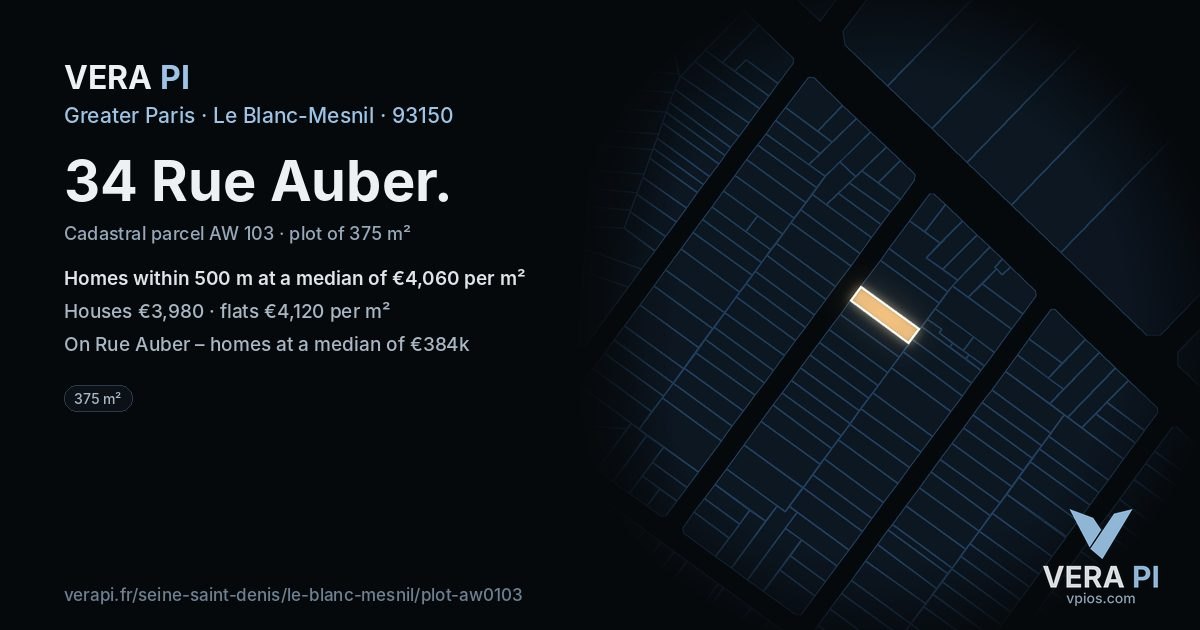 34 Rue Auber, Le Blanc-Mesnil at night – the plot lit, the parcels around coloured by the prices near them