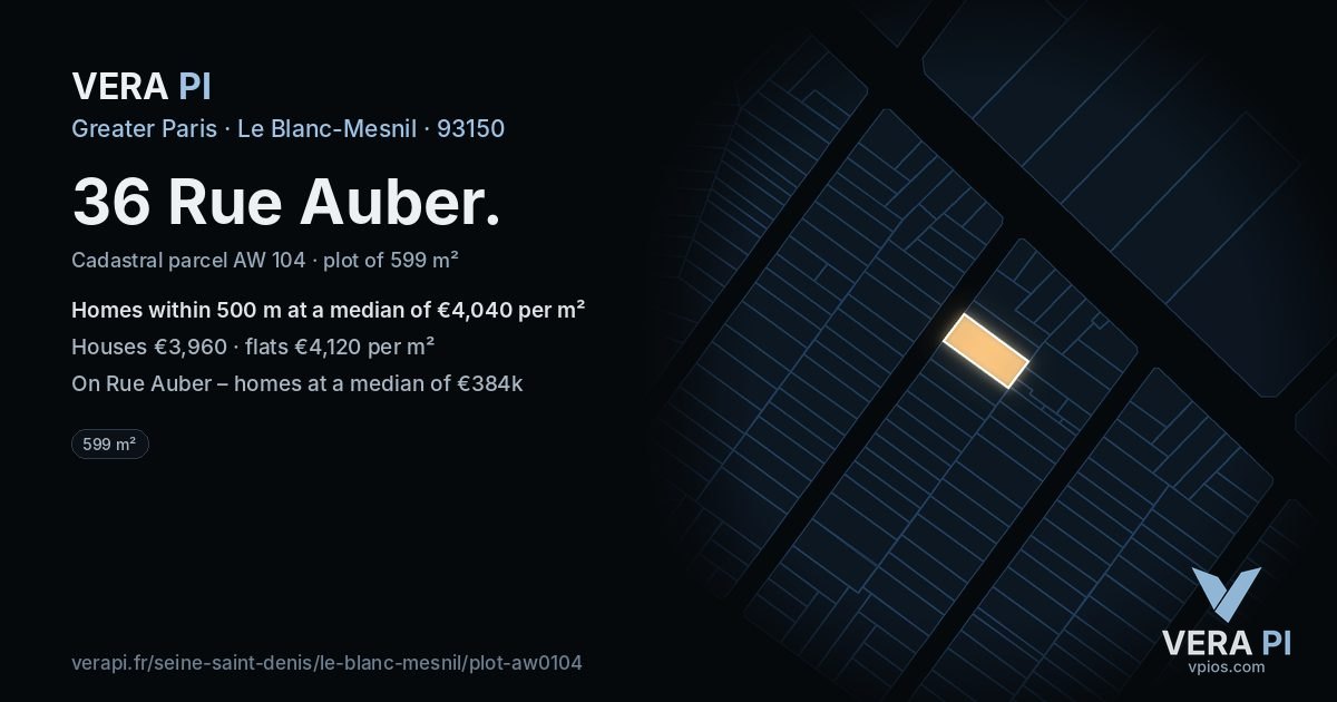 36 Rue Auber, Le Blanc-Mesnil at night – the plot lit, the parcels around coloured by the prices near them