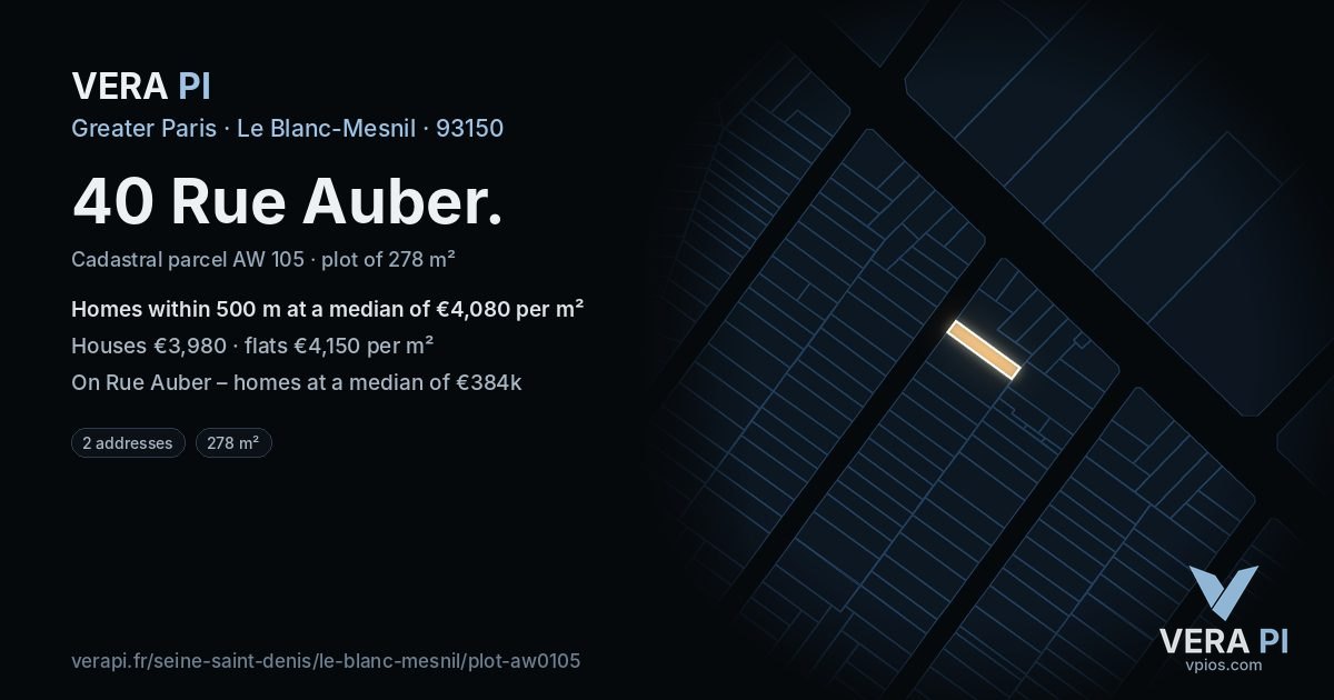 40 Rue Auber, Le Blanc-Mesnil at night – the plot lit, the parcels around coloured by the prices near them