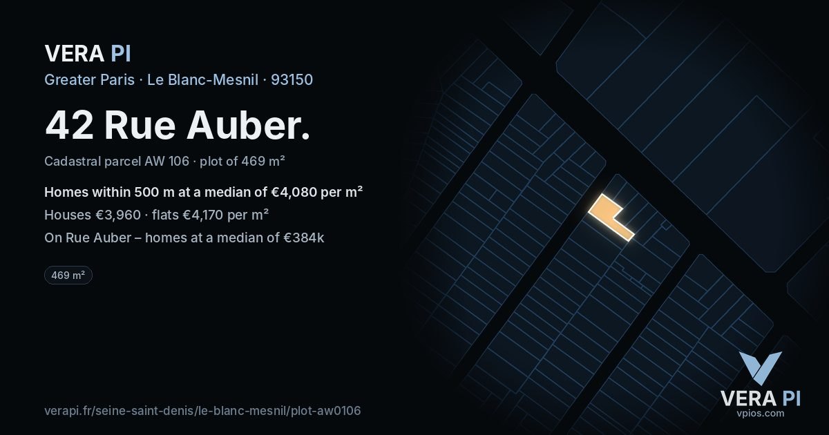 42 Rue Auber, Le Blanc-Mesnil at night – the plot lit, the parcels around coloured by the prices near them