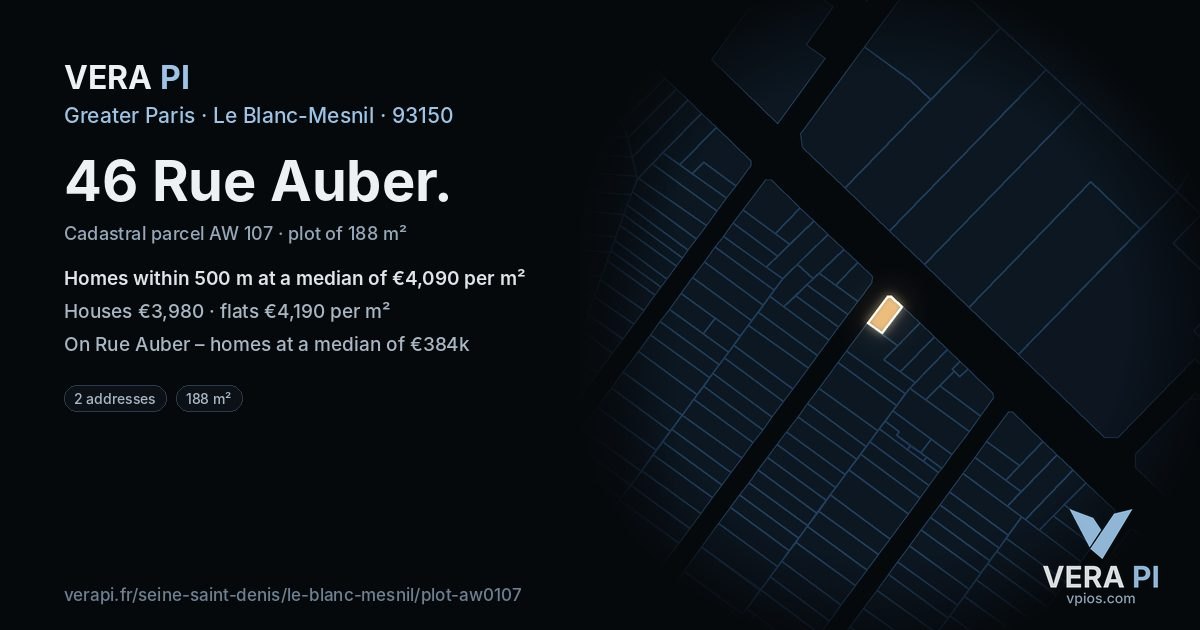 46 Rue Auber, Le Blanc-Mesnil at night – the plot lit, the parcels around coloured by the prices near them
