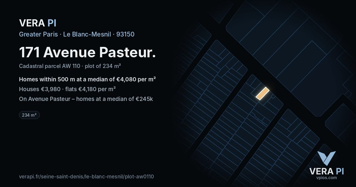 171 Avenue Pasteur, Le Blanc-Mesnil at night – the plot lit, the parcels around coloured by the prices near them