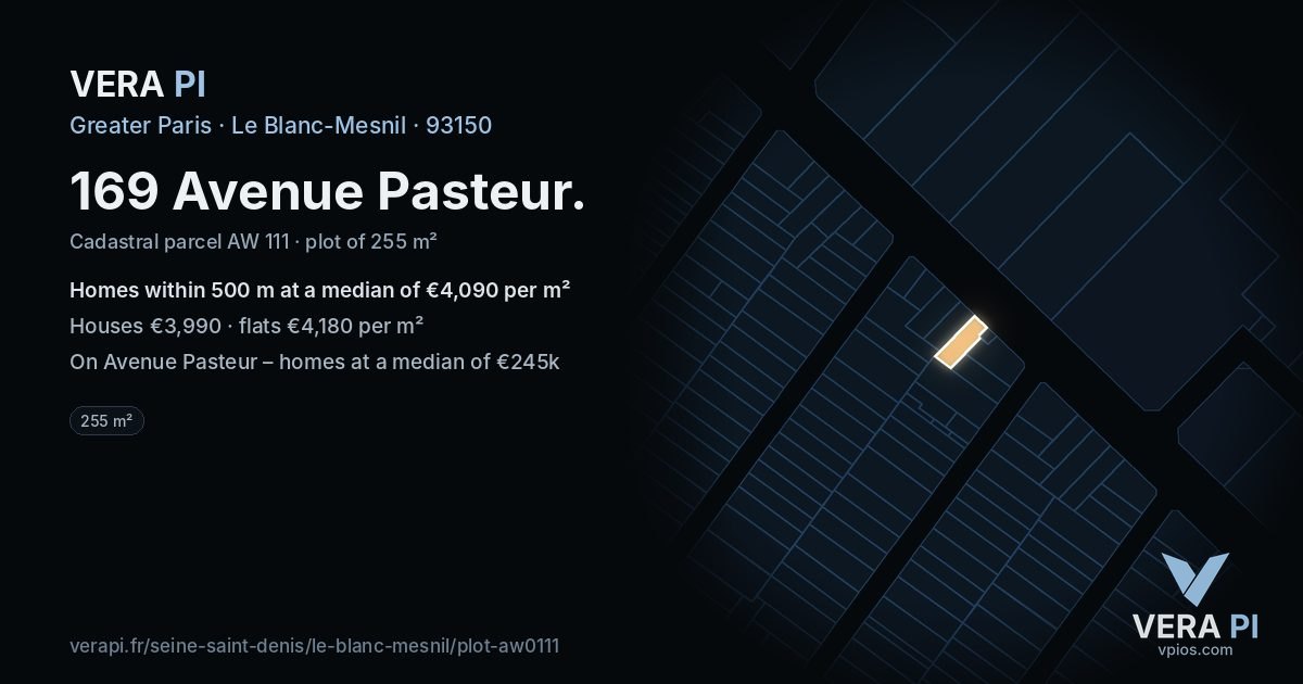169 Avenue Pasteur, Le Blanc-Mesnil at night – the plot lit, the parcels around coloured by the prices near them