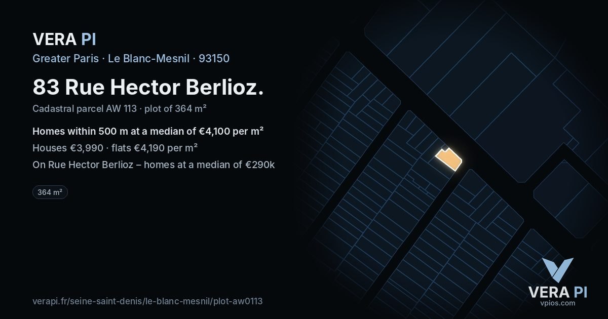 83 Rue Hector Berlioz, Le Blanc-Mesnil at night – the plot lit, the parcels around coloured by the prices near them