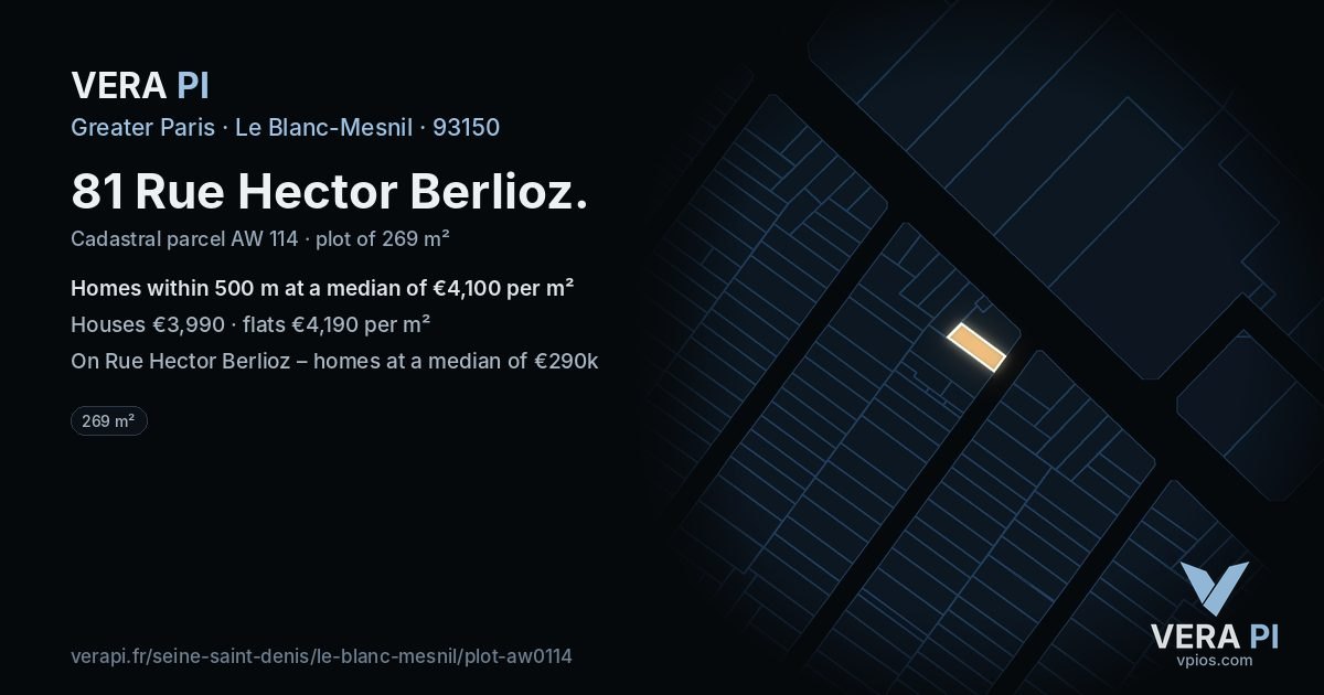 81 Rue Hector Berlioz, Le Blanc-Mesnil at night – the plot lit, the parcels around coloured by the prices near them