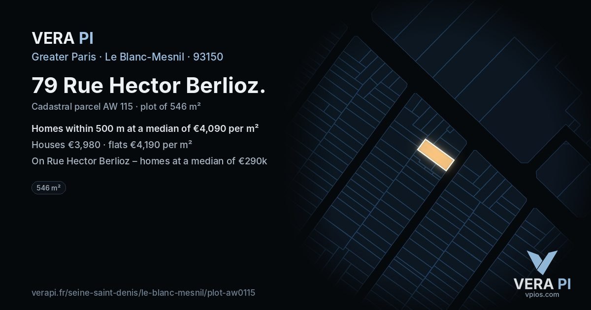 79 Rue Hector Berlioz, Le Blanc-Mesnil at night – the plot lit, the parcels around coloured by the prices near them