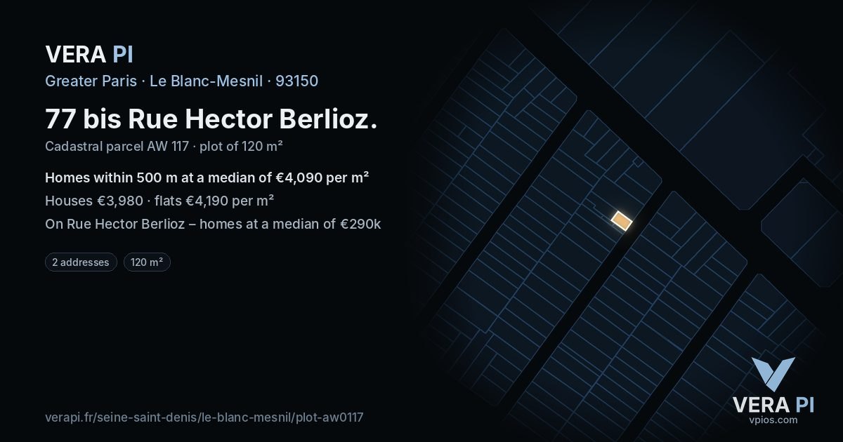 77 bis Rue Hector Berlioz, Le Blanc-Mesnil at night – the plot lit, the parcels around coloured by the prices near them