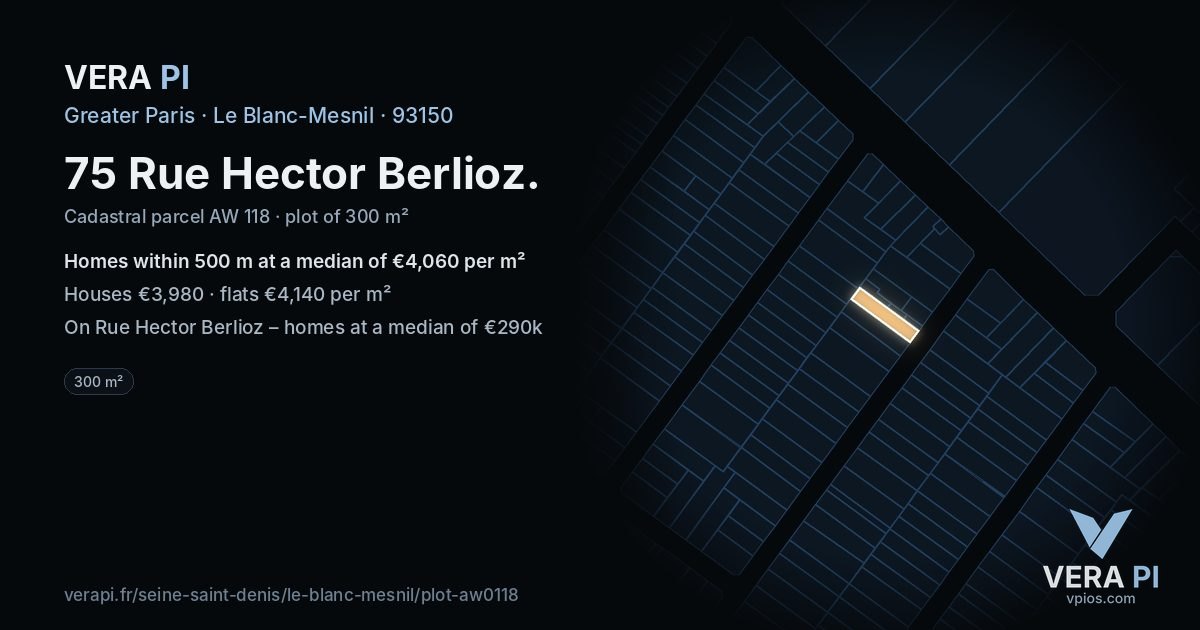 75 Rue Hector Berlioz, Le Blanc-Mesnil at night – the plot lit, the parcels around coloured by the prices near them
