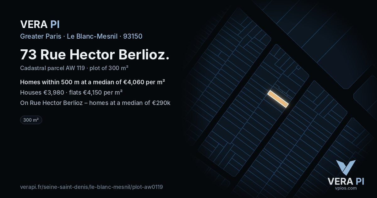 73 Rue Hector Berlioz, Le Blanc-Mesnil at night – the plot lit, the parcels around coloured by the prices near them