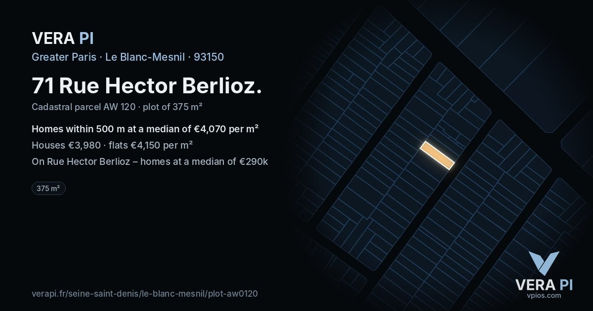 71 Rue Hector Berlioz, Le Blanc-Mesnil at night – the plot lit, the parcels around coloured by the prices near them