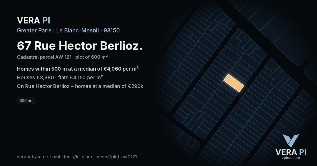 67 Rue Hector Berlioz, Le Blanc-Mesnil at night – the plot lit, the parcels around coloured by the prices near them