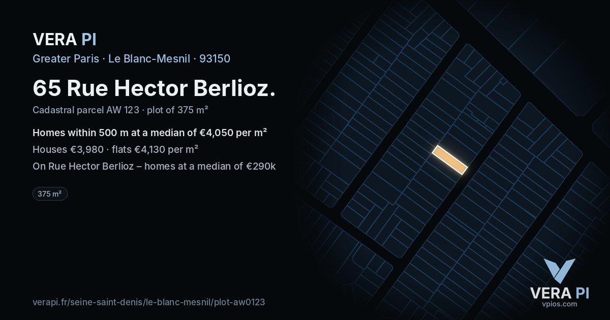 65 Rue Hector Berlioz, Le Blanc-Mesnil at night – the plot lit, the parcels around coloured by the prices near them