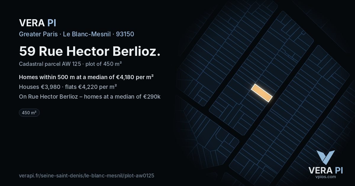 59 Rue Hector Berlioz, Le Blanc-Mesnil at night – the plot lit, the parcels around coloured by the prices near them