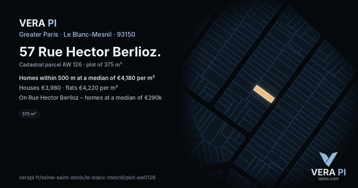 57 Rue Hector Berlioz, Le Blanc-Mesnil at night – the plot lit, the parcels around coloured by the prices near them