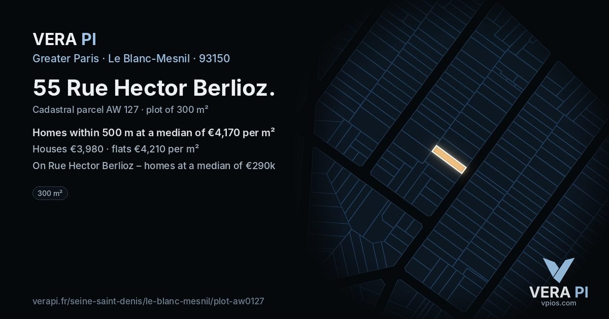 55 Rue Hector Berlioz, Le Blanc-Mesnil at night – the plot lit, the parcels around coloured by the prices near them
