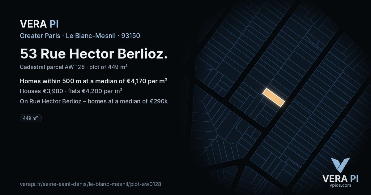 53 Rue Hector Berlioz, Le Blanc-Mesnil at night – the plot lit, the parcels around coloured by the prices near them