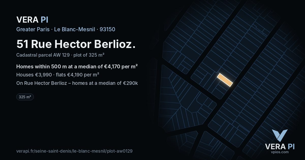 51 Rue Hector Berlioz, Le Blanc-Mesnil at night – the plot lit, the parcels around coloured by the prices near them