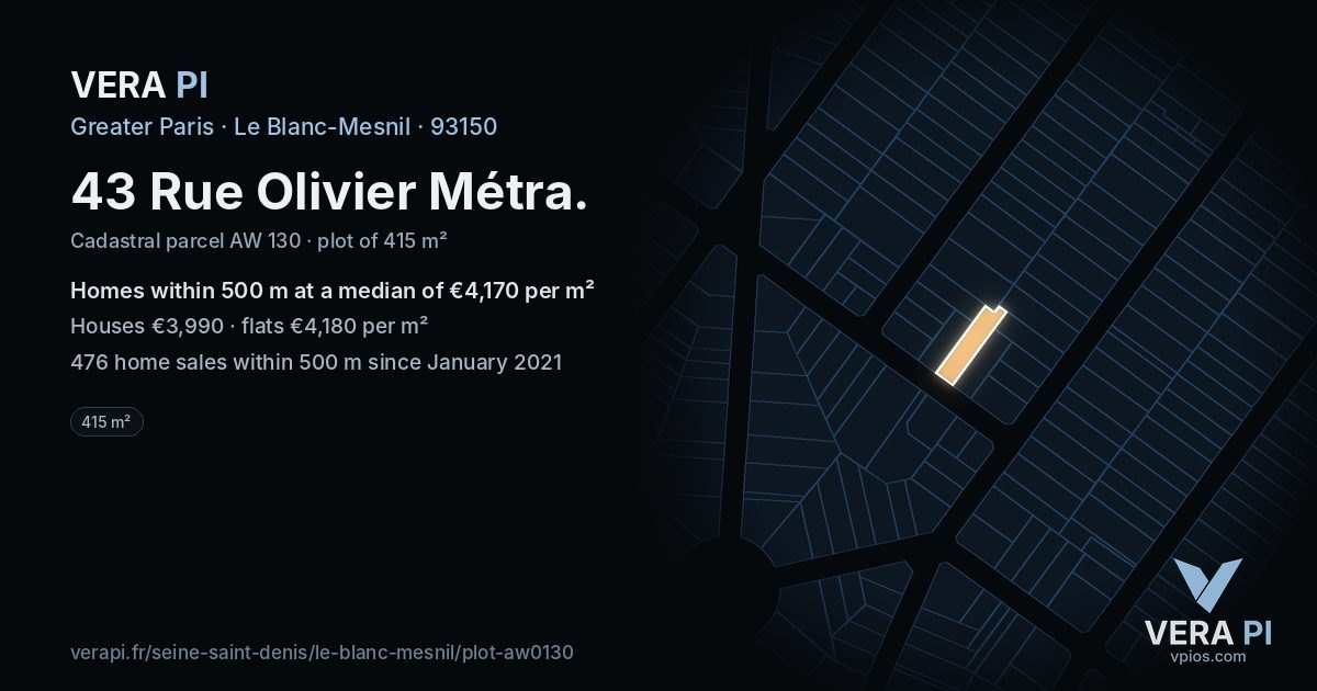 43 Rue Olivier Métra, Le Blanc-Mesnil at night – the plot lit, the parcels around coloured by the prices near them