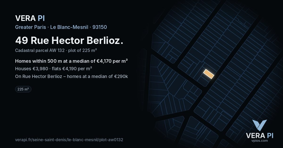 49 Rue Hector Berlioz, Le Blanc-Mesnil at night – the plot lit, the parcels around coloured by the prices near them