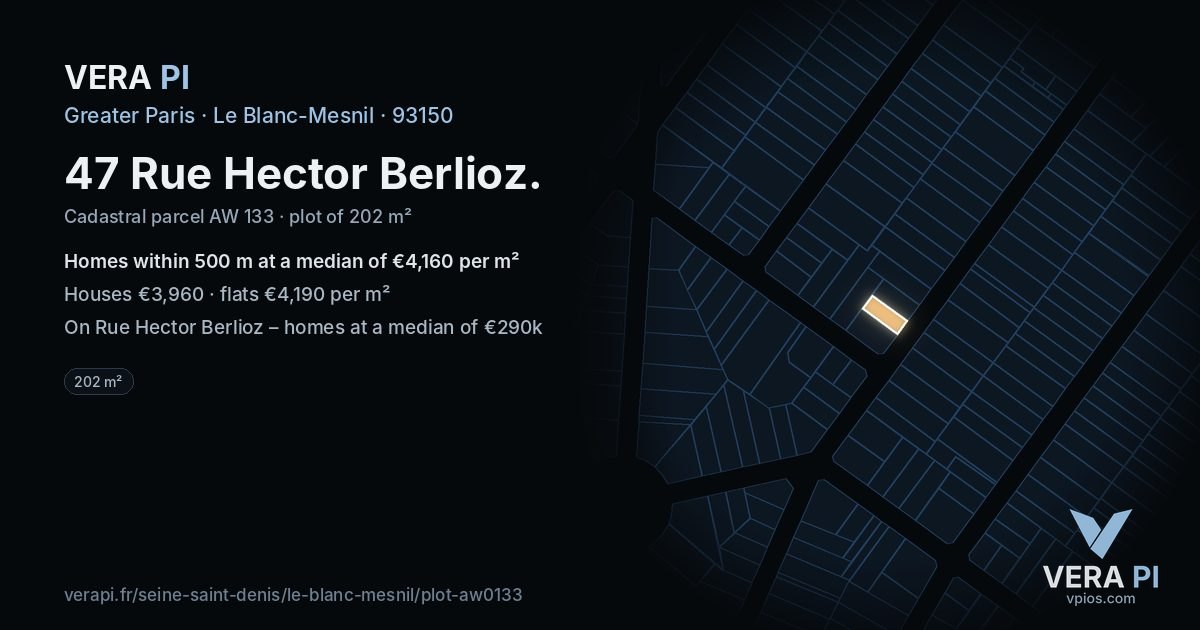 47 Rue Hector Berlioz, Le Blanc-Mesnil at night – the plot lit, the parcels around coloured by the prices near them