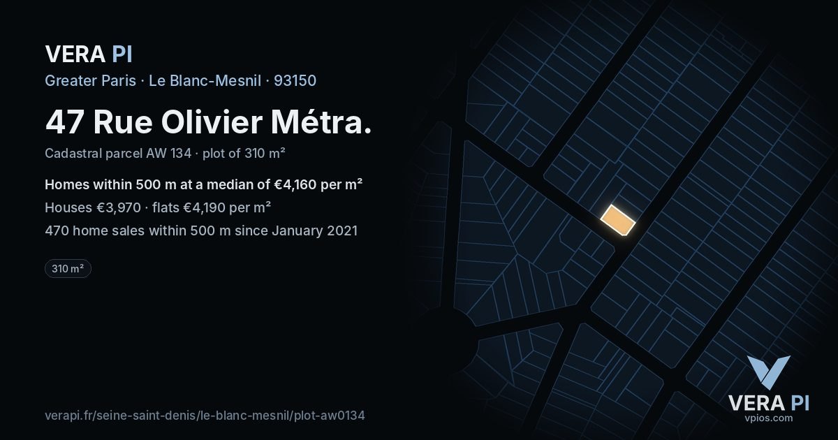 47 Rue Olivier Métra, Le Blanc-Mesnil at night – the plot lit, the parcels around coloured by the prices near them