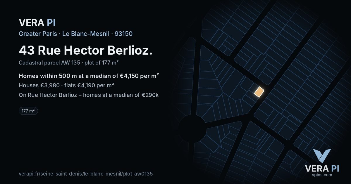 43 Rue Hector Berlioz, Le Blanc-Mesnil at night – the plot lit, the parcels around coloured by the prices near them