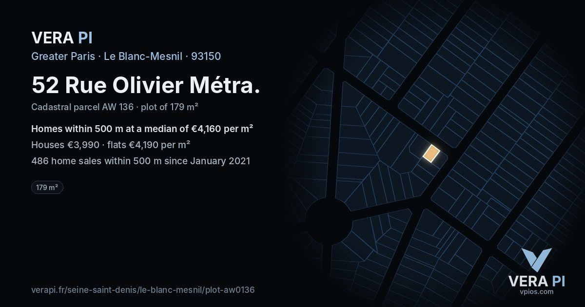 52 Rue Olivier Métra, Le Blanc-Mesnil at night – the plot lit, the parcels around coloured by the prices near them