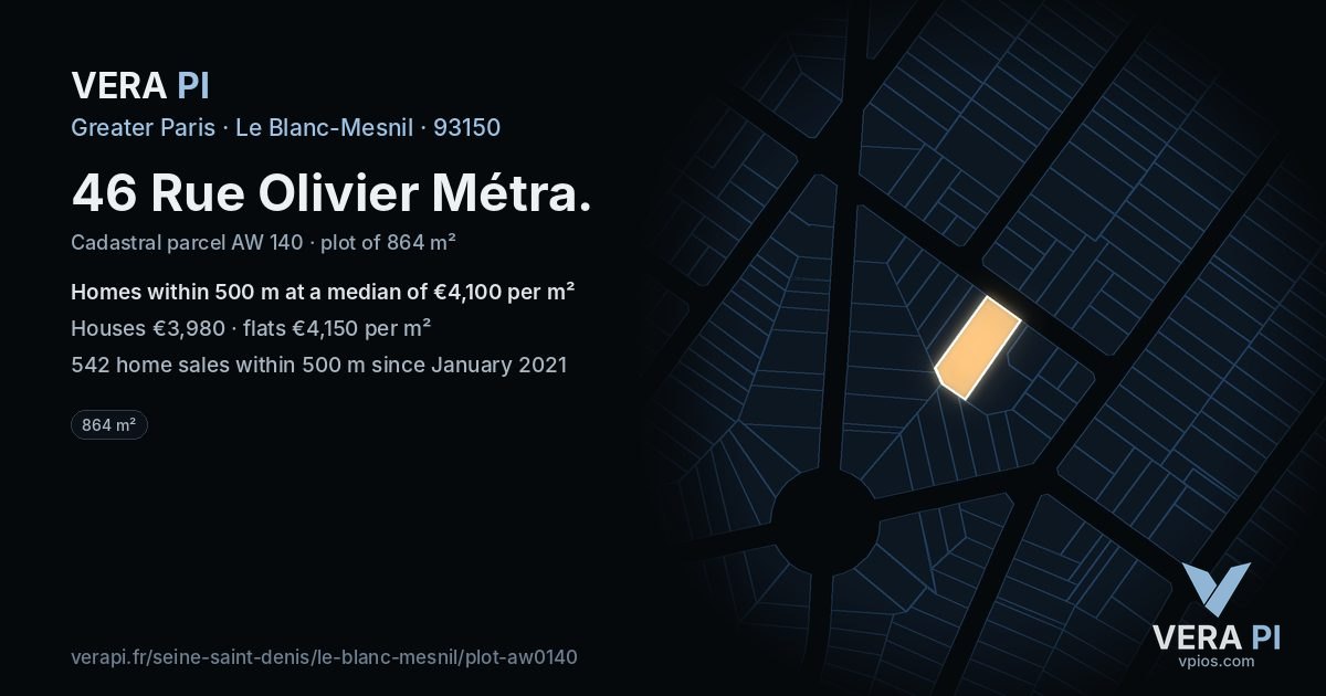 46 Rue Olivier Métra, Le Blanc-Mesnil at night – the plot lit, the parcels around coloured by the prices near them