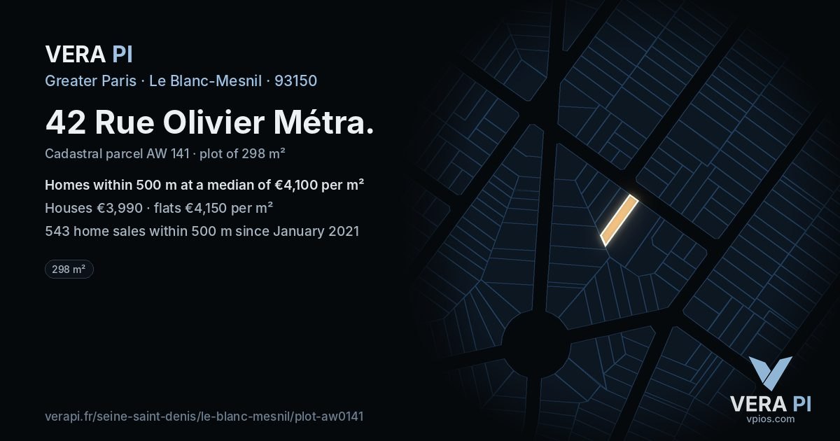 42 Rue Olivier Métra, Le Blanc-Mesnil at night – the plot lit, the parcels around coloured by the prices near them