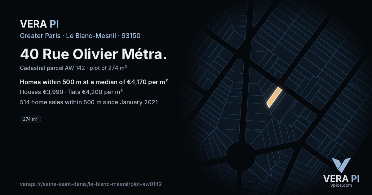 40 Rue Olivier Métra, Le Blanc-Mesnil at night – the plot lit, the parcels around coloured by the prices near them
