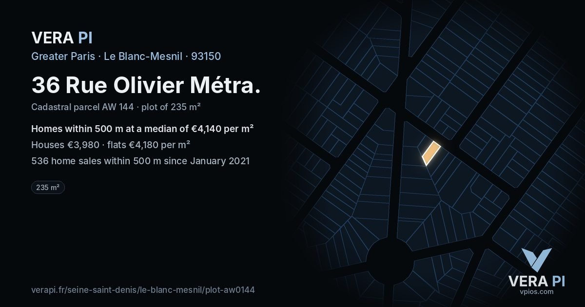 36 Rue Olivier Métra, Le Blanc-Mesnil at night – the plot lit, the parcels around coloured by the prices near them