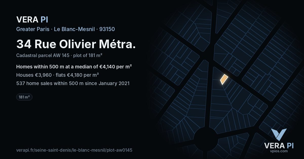 34 Rue Olivier Métra, Le Blanc-Mesnil at night – the plot lit, the parcels around coloured by the prices near them