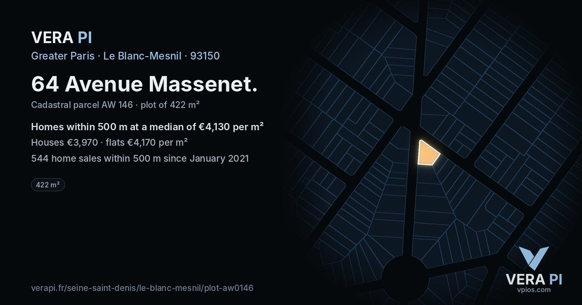 64 Avenue Massenet, Le Blanc-Mesnil at night – the plot lit, the parcels around coloured by the prices near them