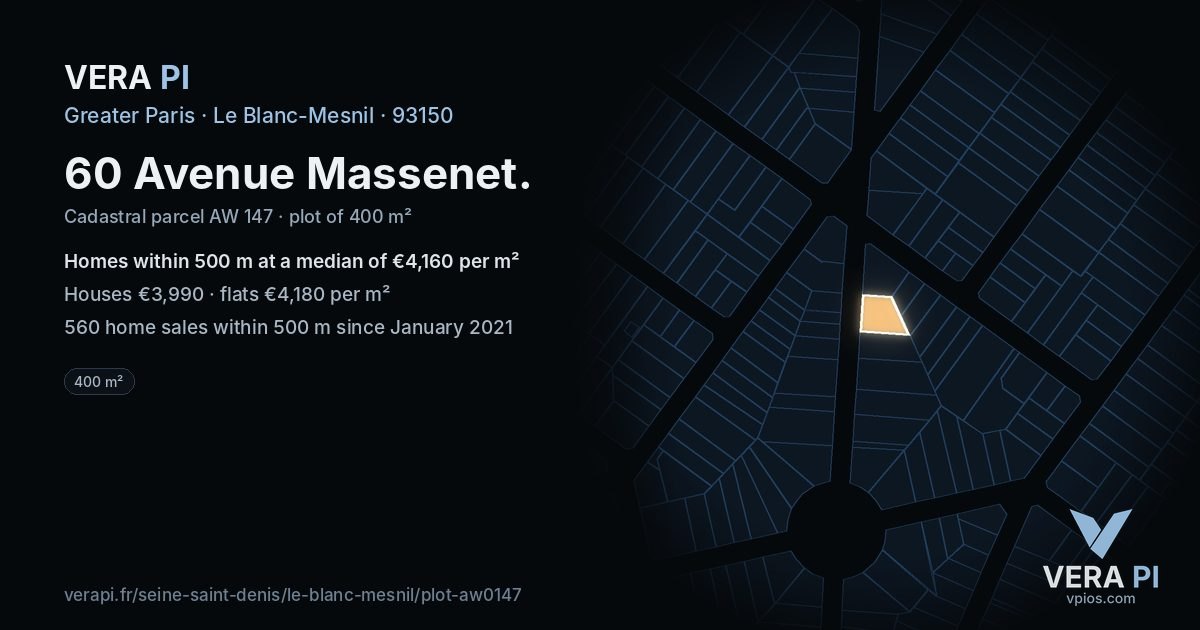 60 Avenue Massenet, Le Blanc-Mesnil at night – the plot lit, the parcels around coloured by the prices near them