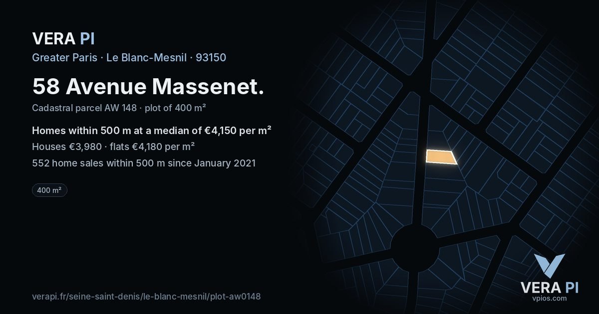 58 Avenue Massenet, Le Blanc-Mesnil at night – the plot lit, the parcels around coloured by the prices near them