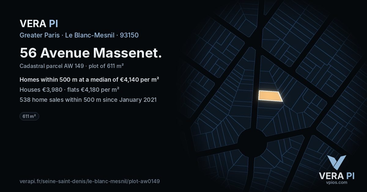 56 Avenue Massenet, Le Blanc-Mesnil at night – the plot lit, the parcels around coloured by the prices near them