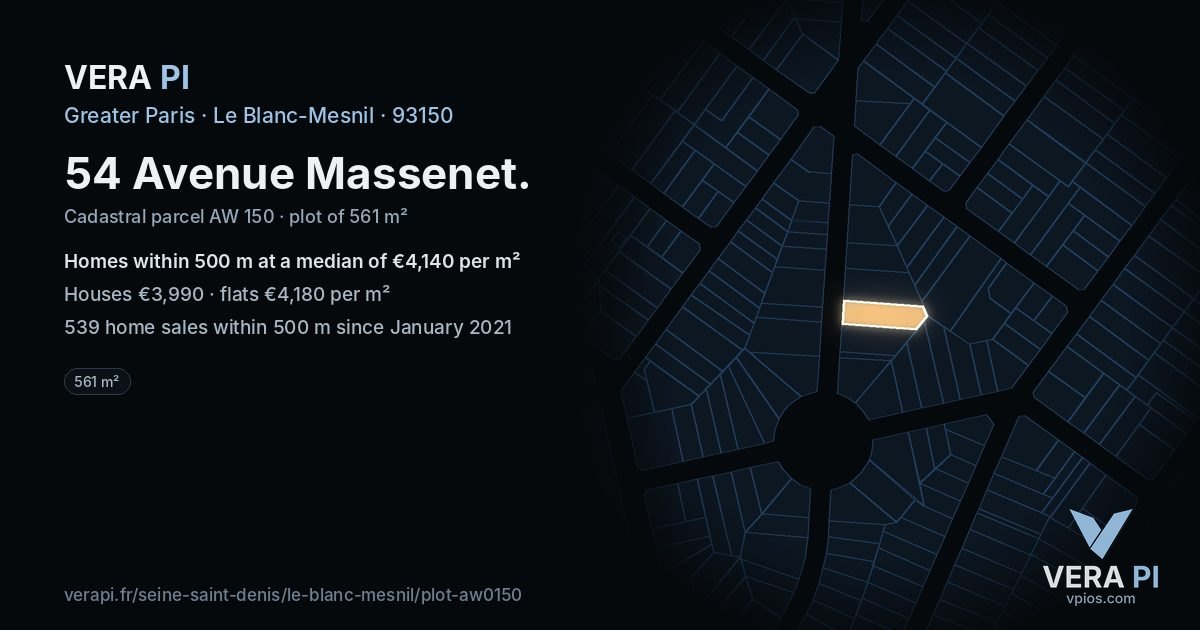 54 Avenue Massenet, Le Blanc-Mesnil at night – the plot lit, the parcels around coloured by the prices near them