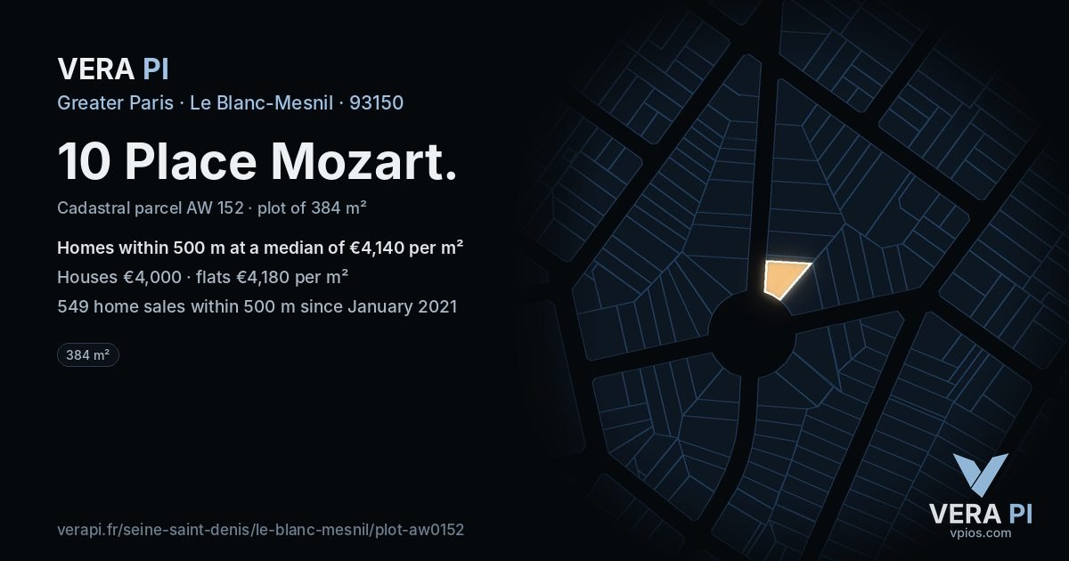10 Place Mozart, Le Blanc-Mesnil at night – the plot lit, the parcels around coloured by the prices near them